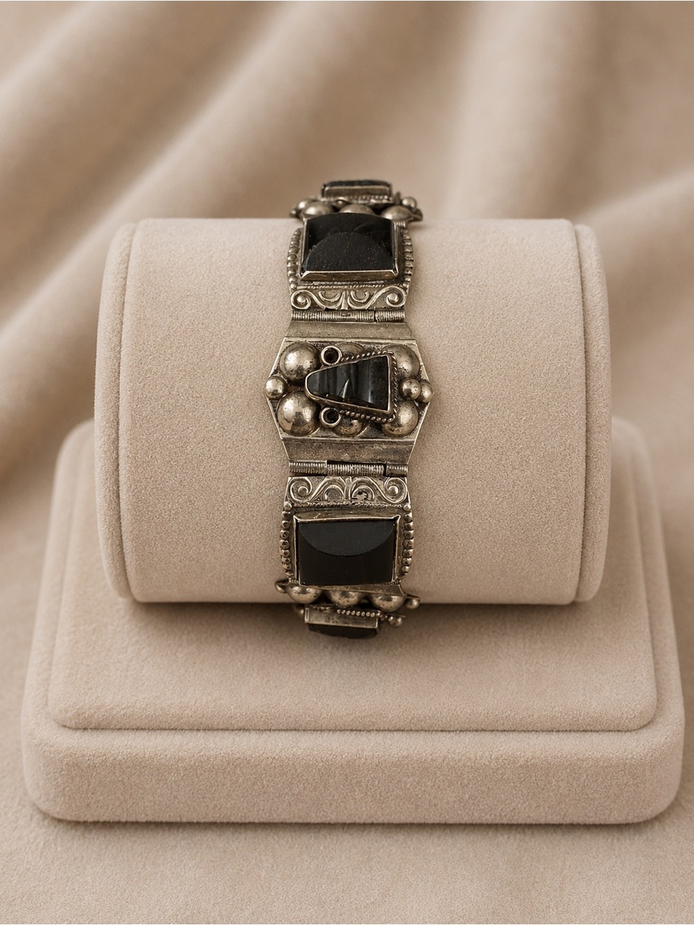 Sterling Silver Black Onyx Carved Bali Face Panel Bracelet Rare and Unique